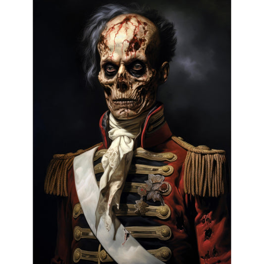 Crimson Stare Zombie Poster, a decorative wall art poster featuring a zombie with a piercing crimson stare